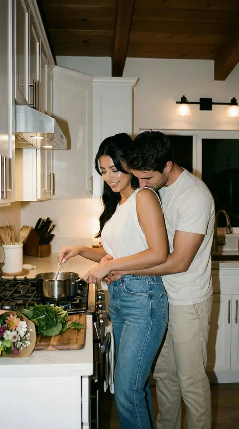 An adult couple cooking together in a warm, everyday moment